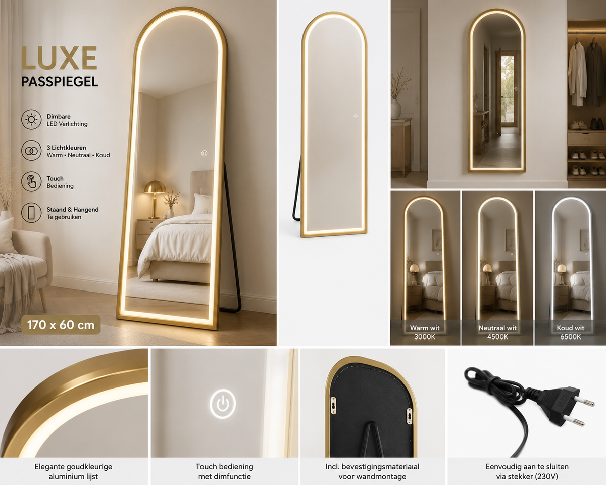 Staande Spiegel 170x60 cm – Goud Aluminium Frame – Dimbare LED Verlichting – Passpiegel & Wandspiegel