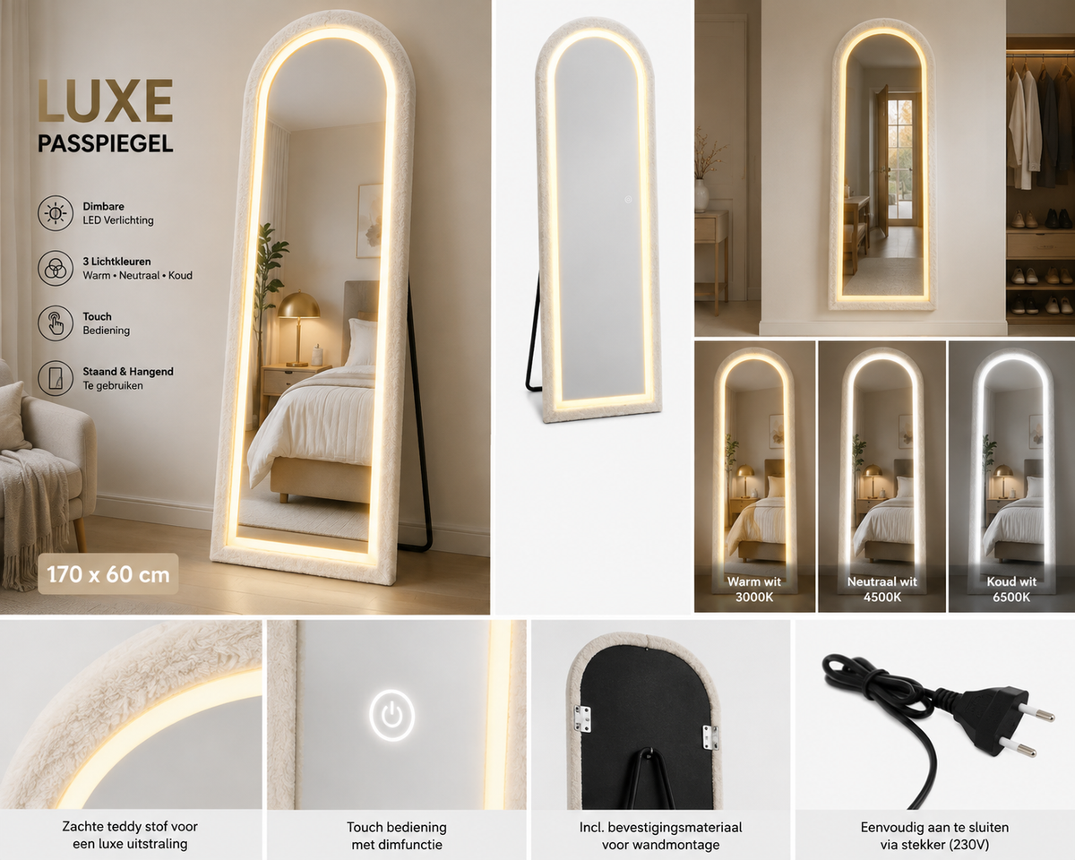 Staande Spiegel 170x60 cm – Teddy Stoffen Frame – 3 LED Lichtkleuren – Passpiegel & Wandspiegel- Dimbaar
