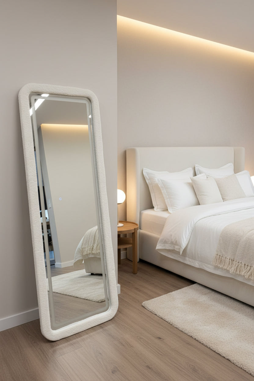 Full Body Staanspiegel 170x60 – LED Verlichting & Witte Teddy Stof