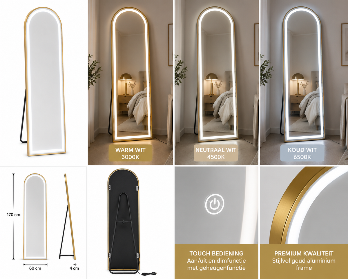 Staande Spiegel 170x60 cm – Goud Aluminium Frame – Dimbare LED Verlichting – Passpiegel & Wandspiegel